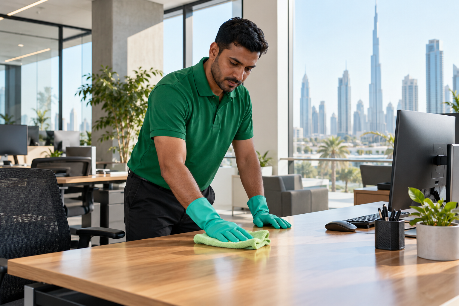 Cleaning a modern office workspace