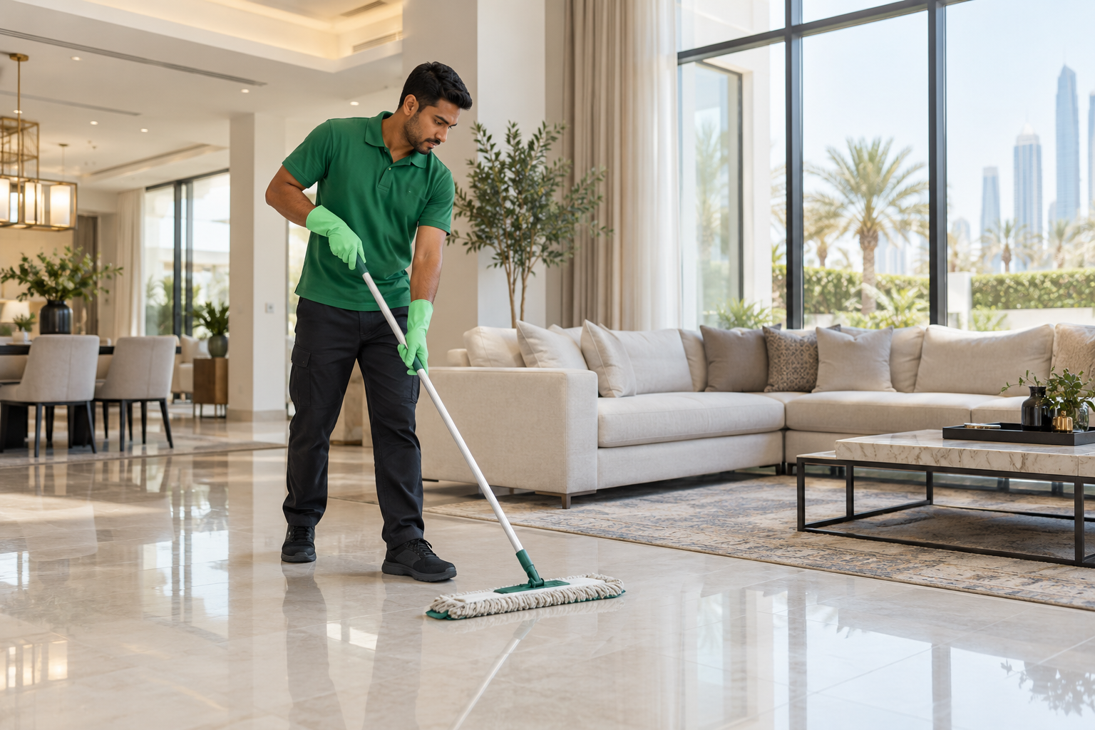 Cleaning a spacious villa interior
